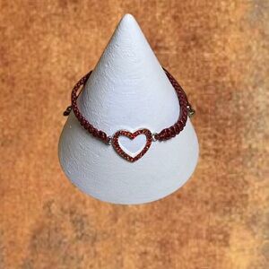 Red Heart Rhinestone Macramé Bracelet Pull Cord New